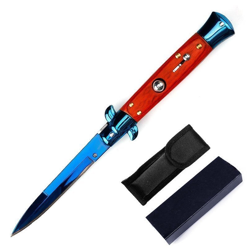 Italian Stiletto Knife - Blue Red Wood Finish product image